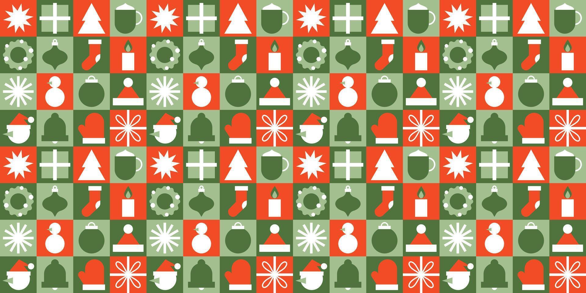 Modern geometric Christmas seamless pattern. Xmas red and green mosaic background. Snowflake, gift box, Christmas tree, bell. Abstract geometrical illustration for wrapping paper, cover, print vector