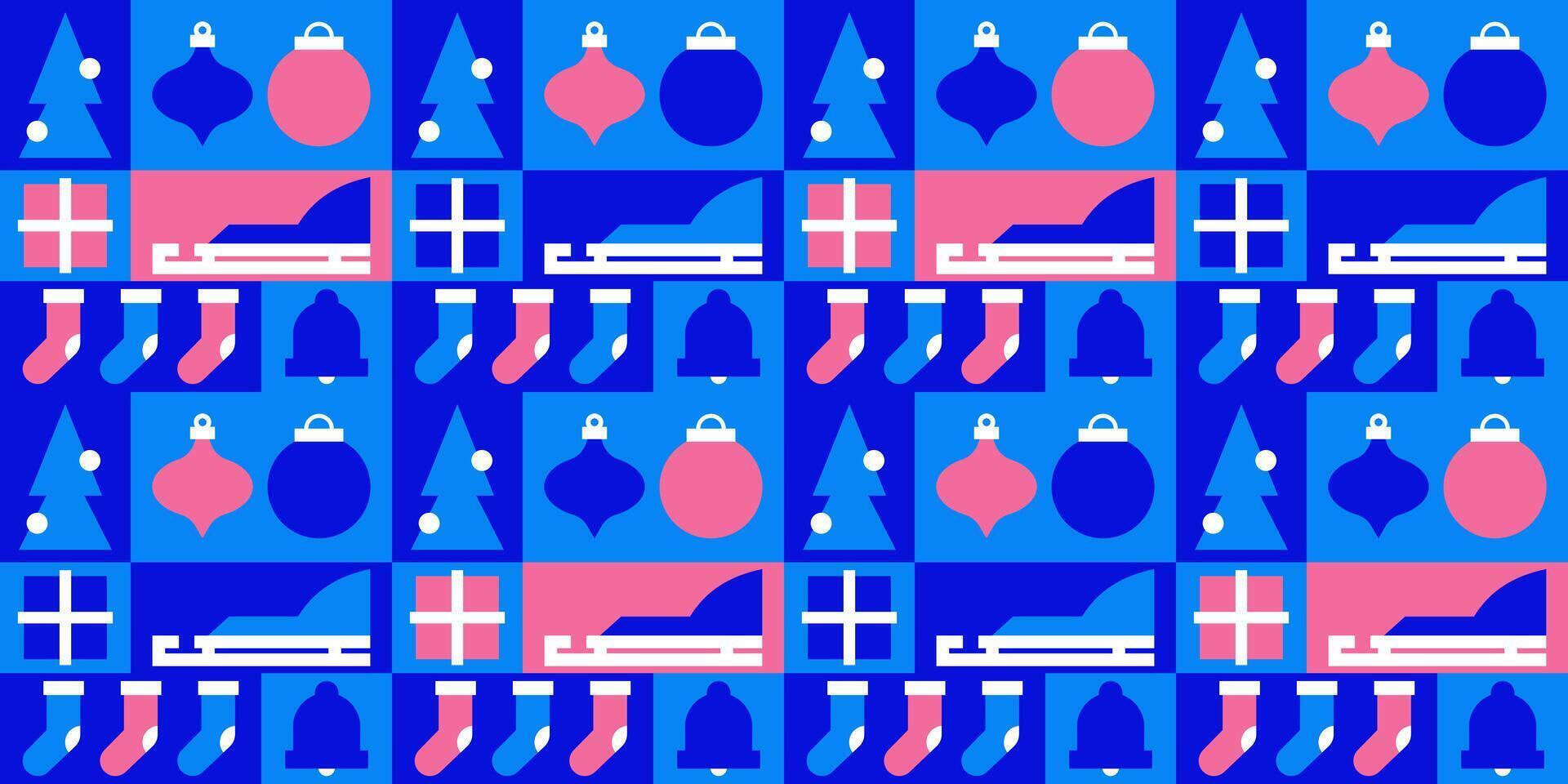 Modern geometric Christmas seamless pattern. Xmas pink and blue mosaic background. Sleigh, gift box, Christmas tree, bell. Abstract geometric illustration for wrapping paper, cover, print vector