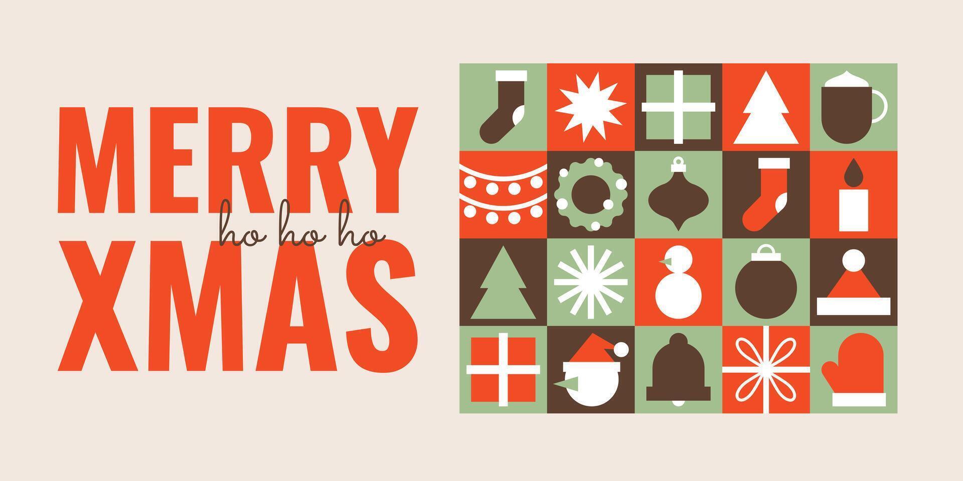 Merry Xmas poster. Horizontal illustration, minimalist geometric modern style. Trendy holiday background with Christmas geometrical winter ornament. For invitation, greeting card, cover, sale vector