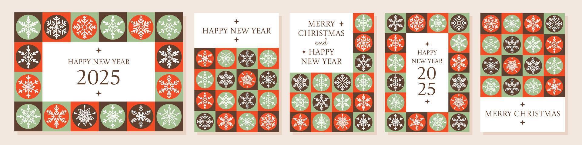 Merry Christmas and Happy New Year greeting card set. Vertical and horizontal a4 poster. Minimalist geometric modern Xmas design with various snowflakes. For invitation, cover, banner vector