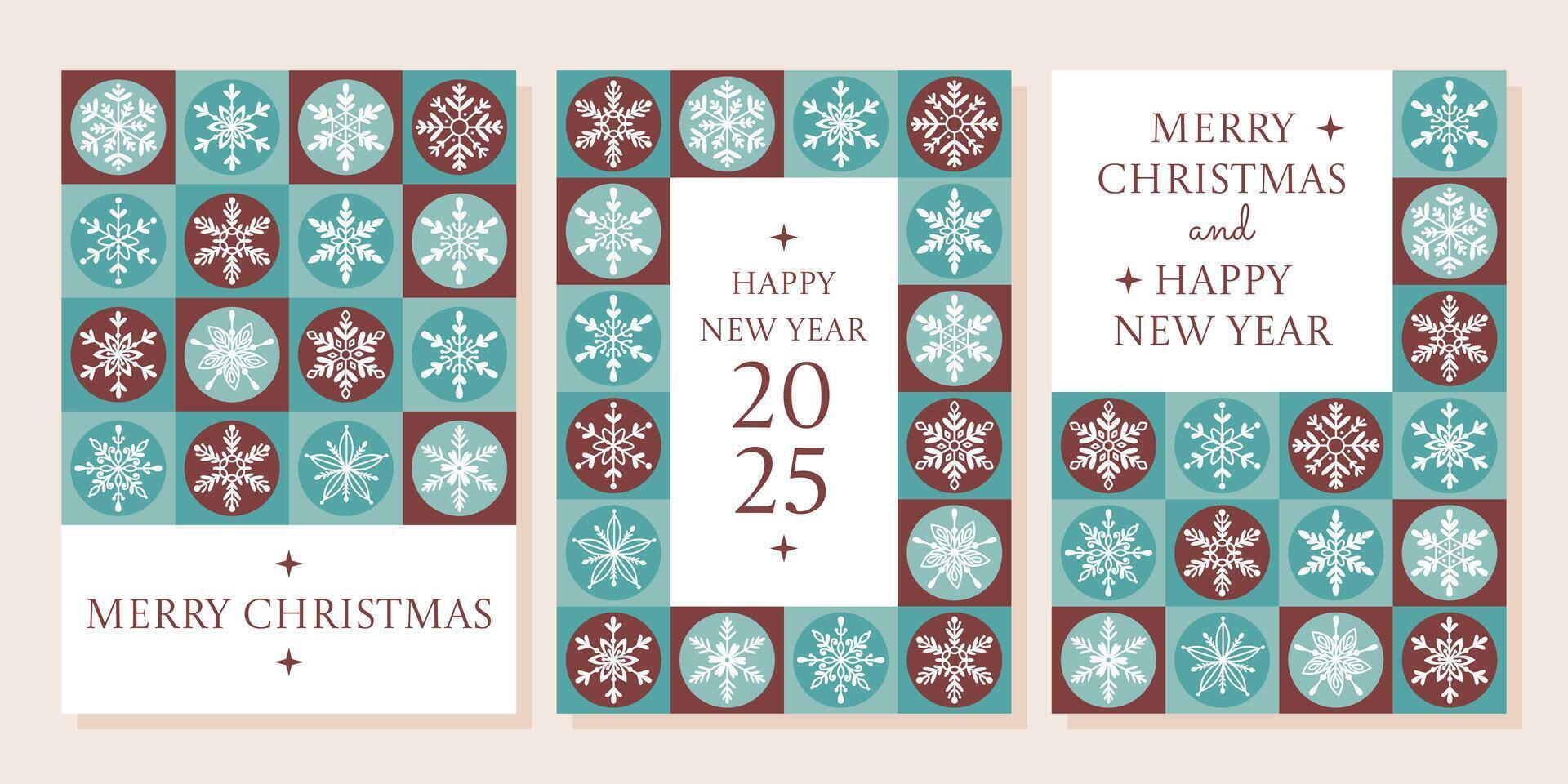 Merry Christmas and Happy New Year geometrical cards set, a4 flat poster. Minimalist geometric modern style. Xmas background with snowflakes. For invitation, greeting card vector