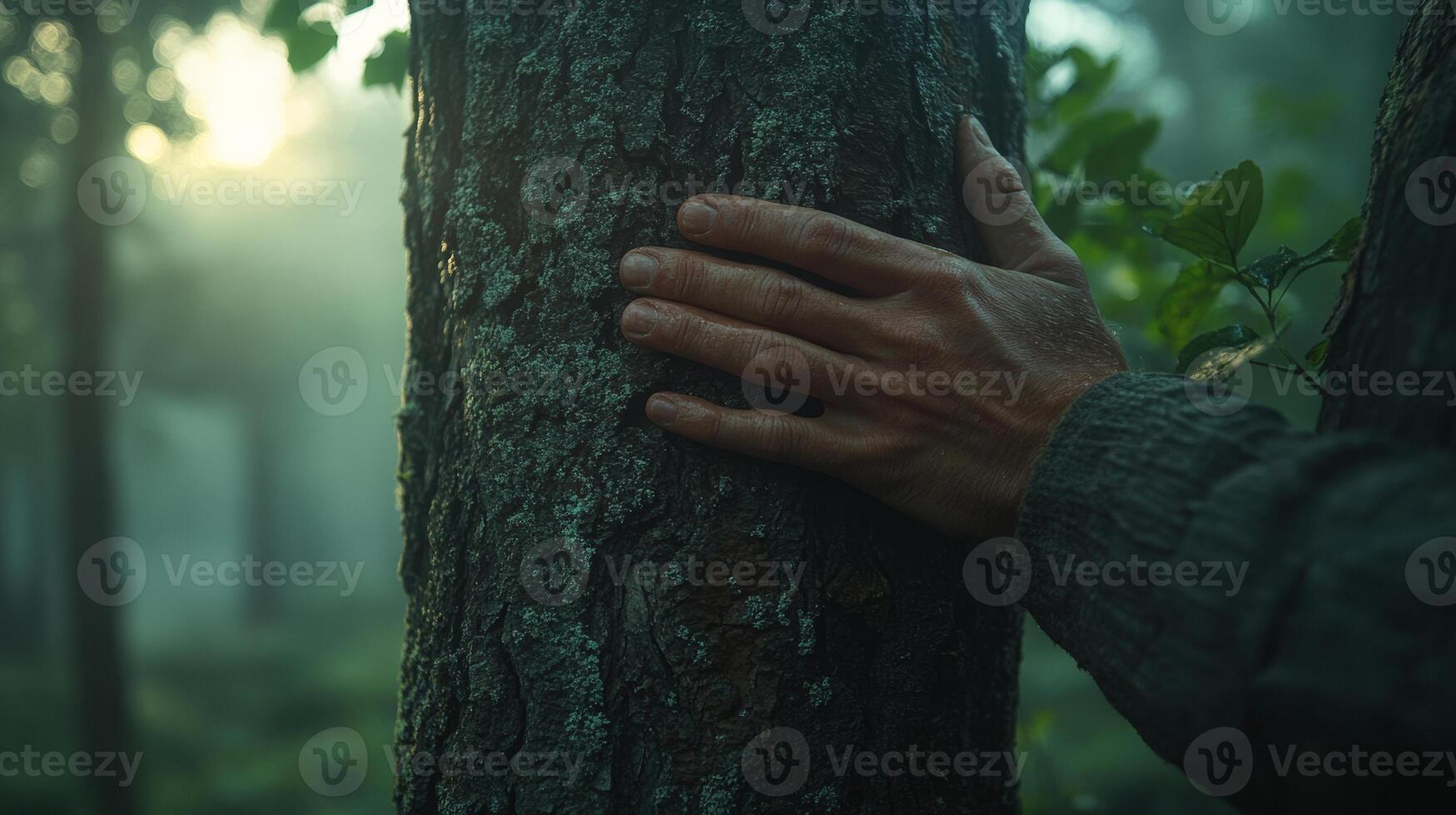 Hand touching tree trunk in a misty forest. Nature connection and tranquility concept photo