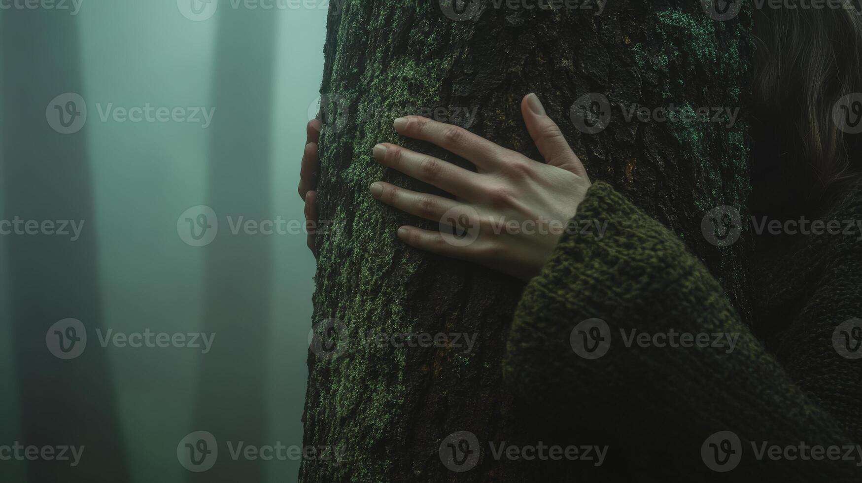 Person hugging tree in misty forest, nature connection concept photo