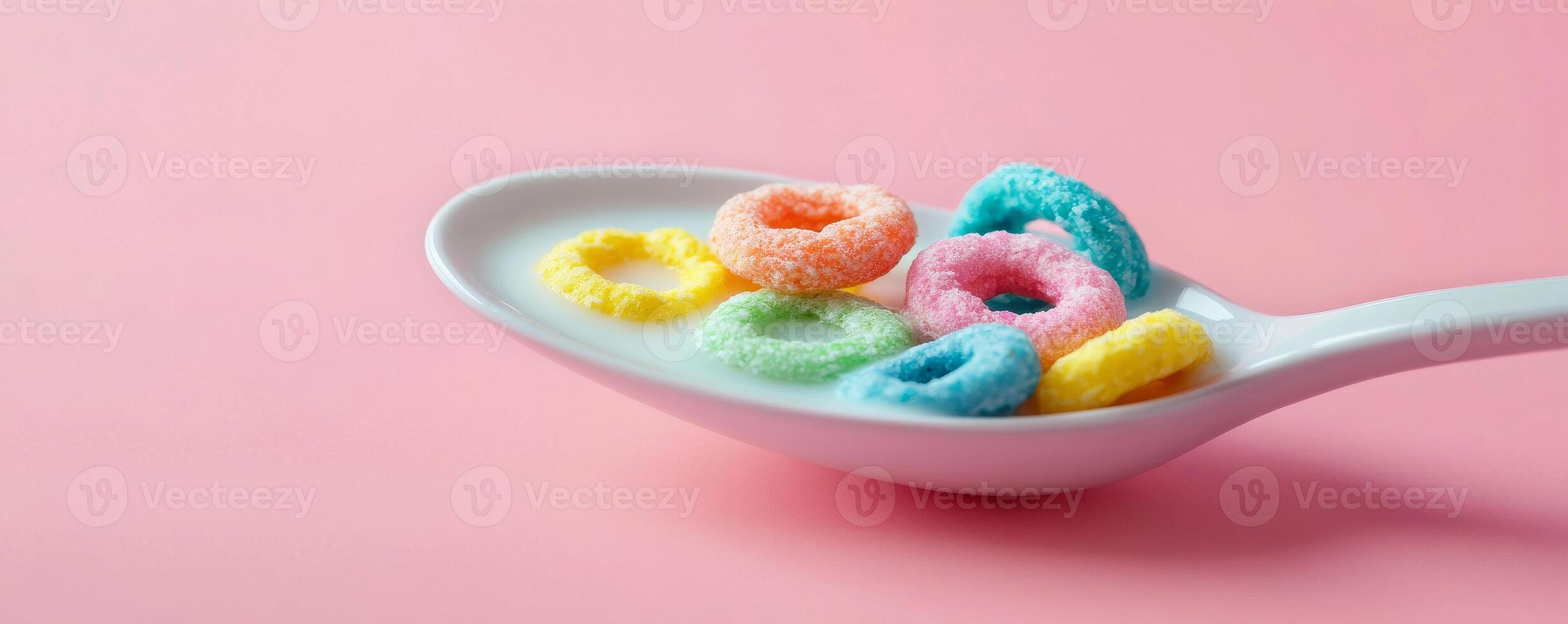 Colorful cereal loops on a spoon with milk against a pink backdrop. Breakfast and childhood nostalgia concept photo