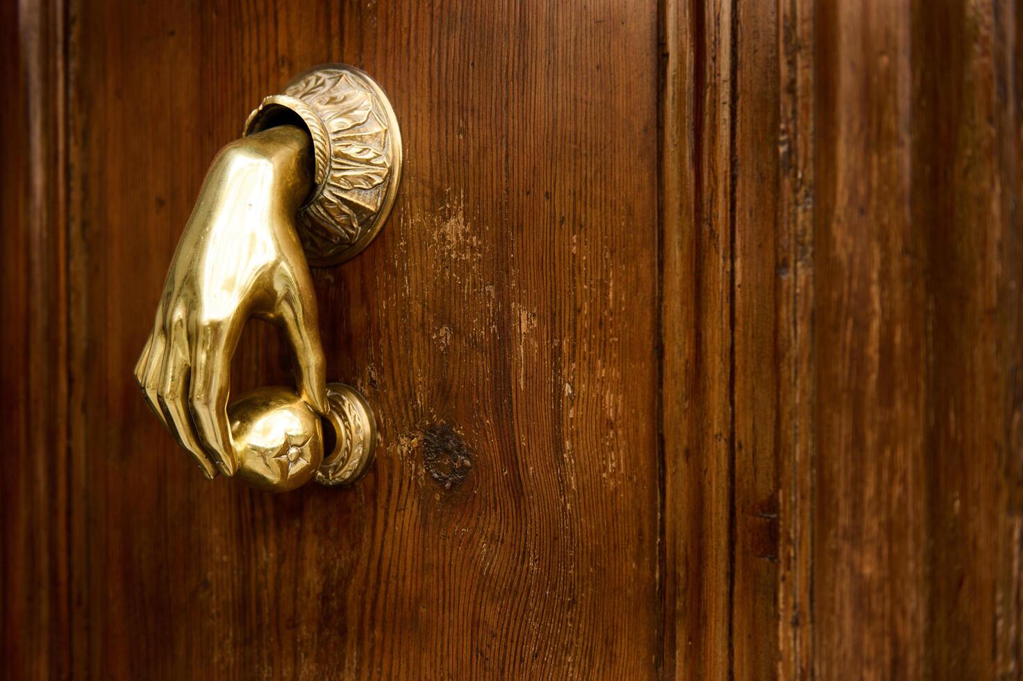 Elegant brass door knocker on wooden door with intricate design photo