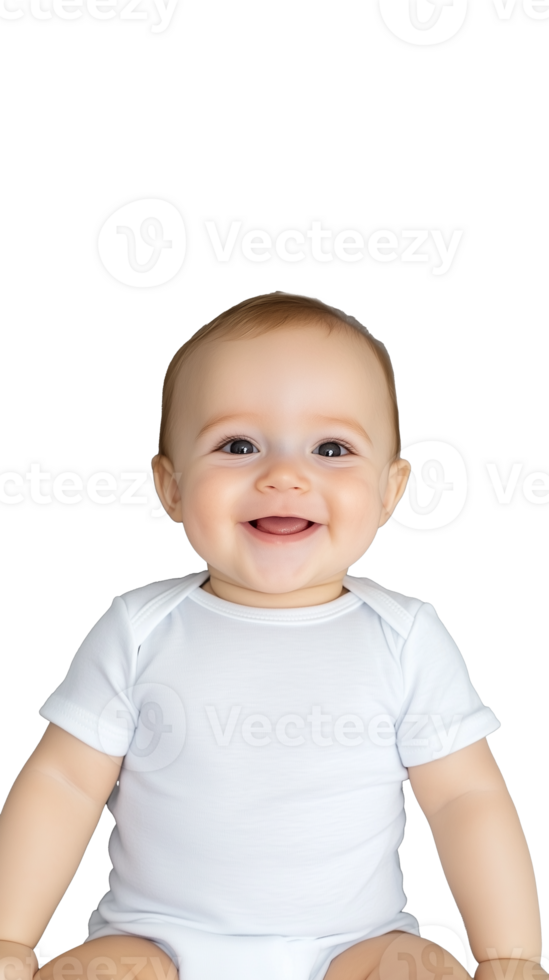 Smiling baby in white shirt sitting against a transparent background, looking forward png