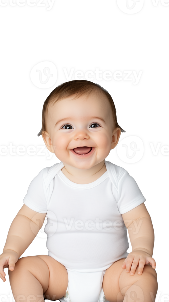 Smiling baby in white shirt sitting with hands in lap on transparent background png