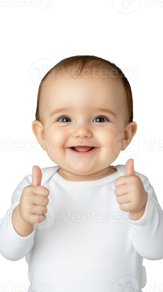 Cheerful baby in white shirt with thumbs up on transparent background, looking forward png