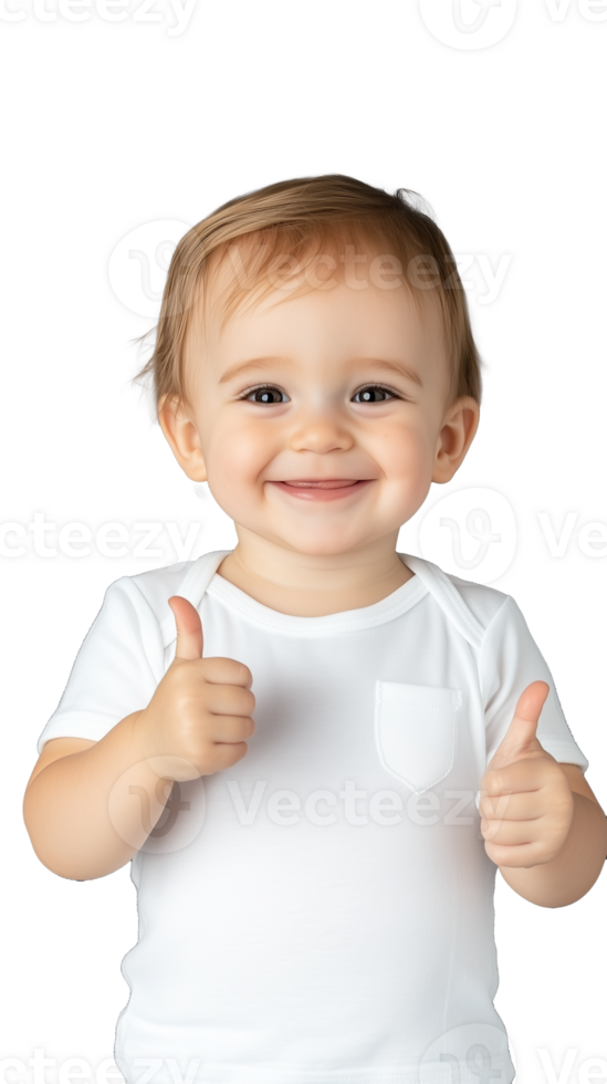 Happy baby with thumbs up gesture in white shirt on transparent background, smiling png