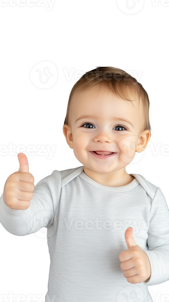 Smiling baby showing thumbs up with both hands in white shirt, transparent background png