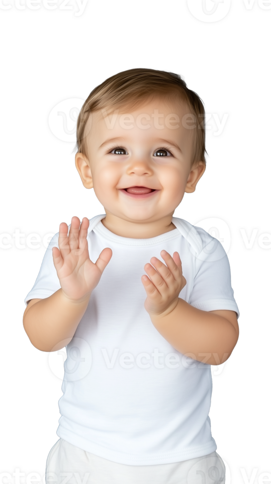Smiling baby clapping hands in white shirt on transparent background, joyful expression png