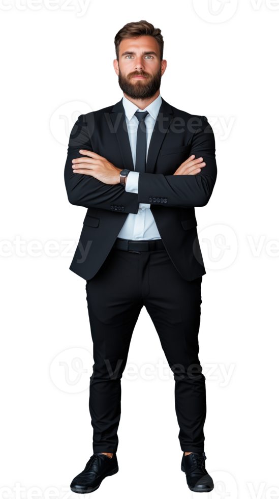 Confident businessman in a black suit with arms crossed on transparent background png