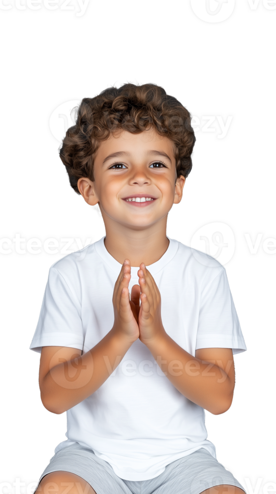 Smiling boy in white shirt with hands clasped in front, transparent background, joyful expression png