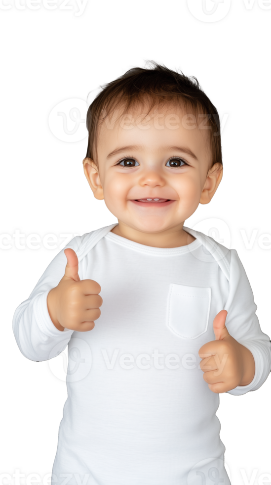 Cheerful baby in white shirt with thumbs up on transparent background, looking forward png