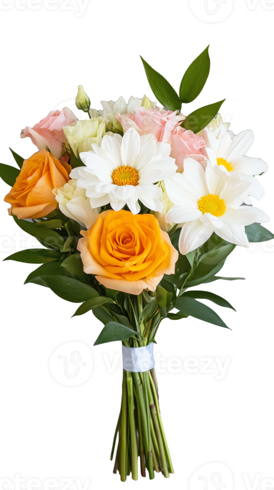Beautiful bouquet of mixed flowers with white, yellow, and pink petals on transparent background png