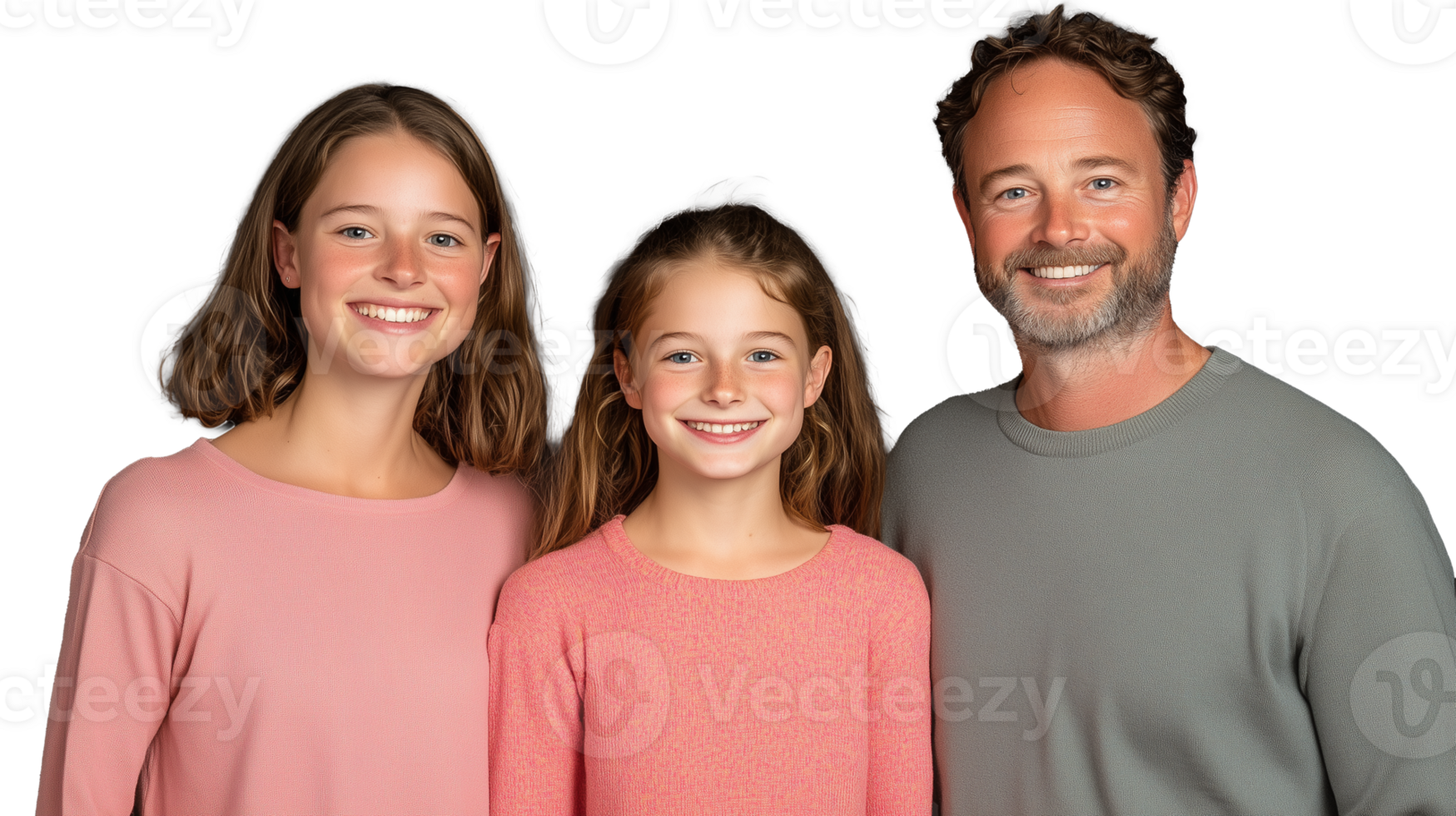 Smiling family of four, parents and two daughters, standing close and looking at camera on transparent background png