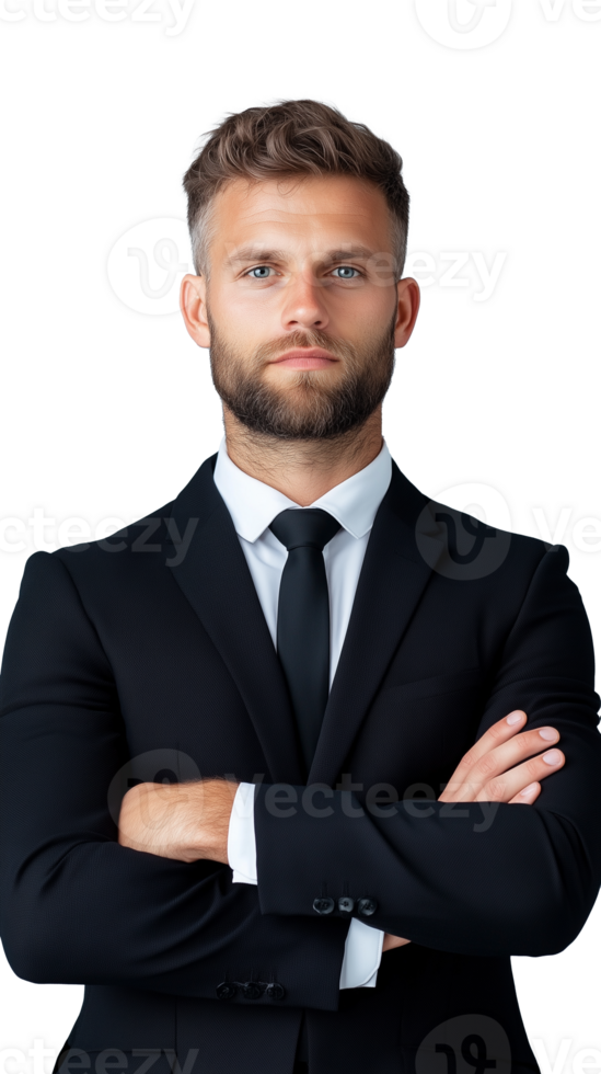 Businessman in black suit with serious expression, arms crossed on transparent background png
