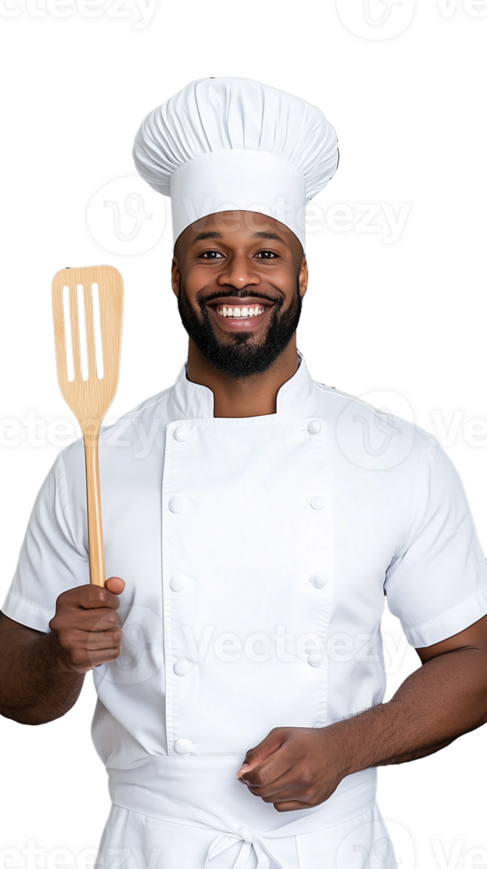 Smiling chef in white uniform holding a spatula, transparent background, professional cook png
