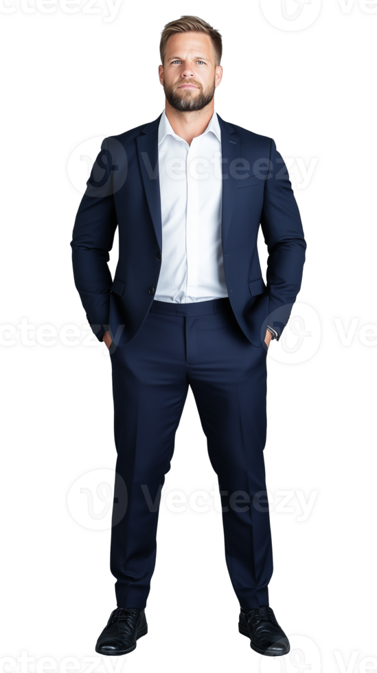 Businessman in navy blue suit standing with hands in pockets, confident expression on transparent background png