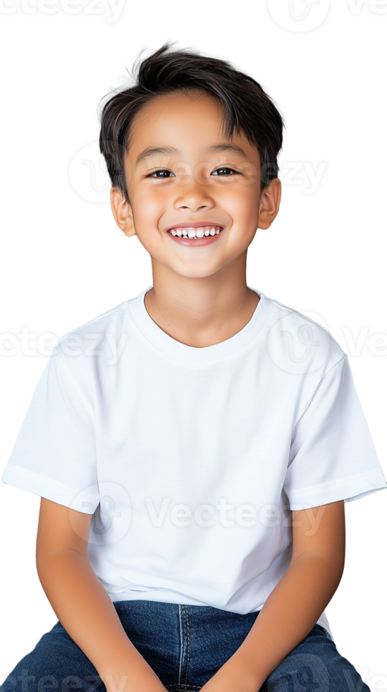 Smiling boy in white shirt sitting, hands on knees, transparent background, joyful expression png