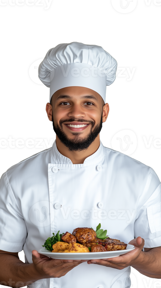 Smiling chef in white uniform holding a plate of food on transparent background png