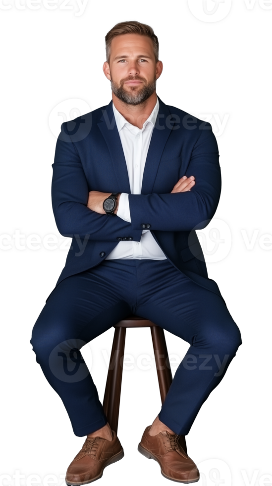 Businessman in blue suit sitting with arms crossed, confident and professional, transparent background png