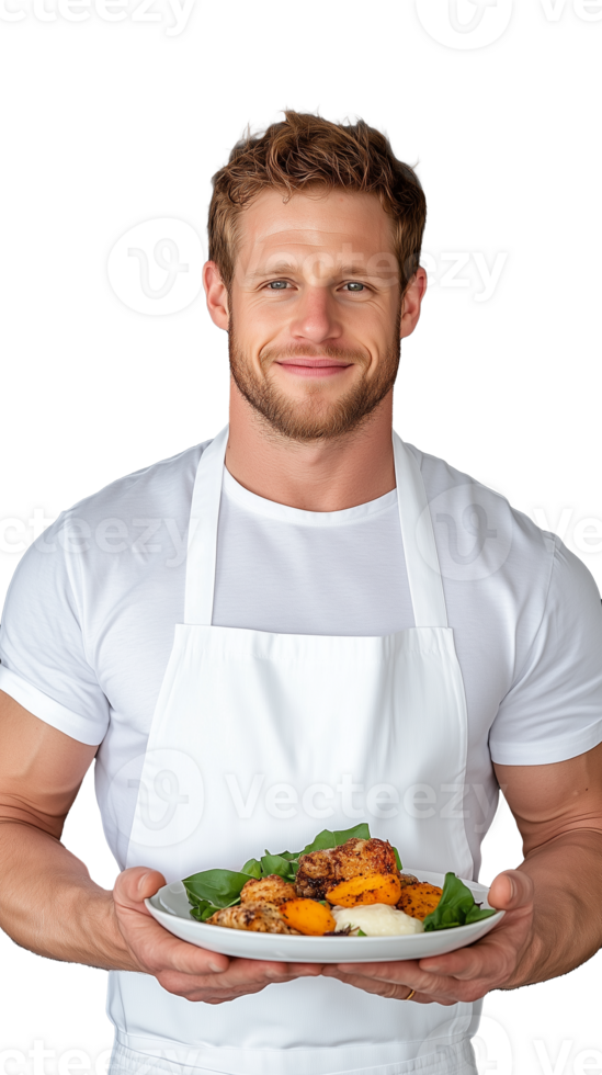 Smiling man in white apron holding a plate of food on transparent background, cheerful expression png