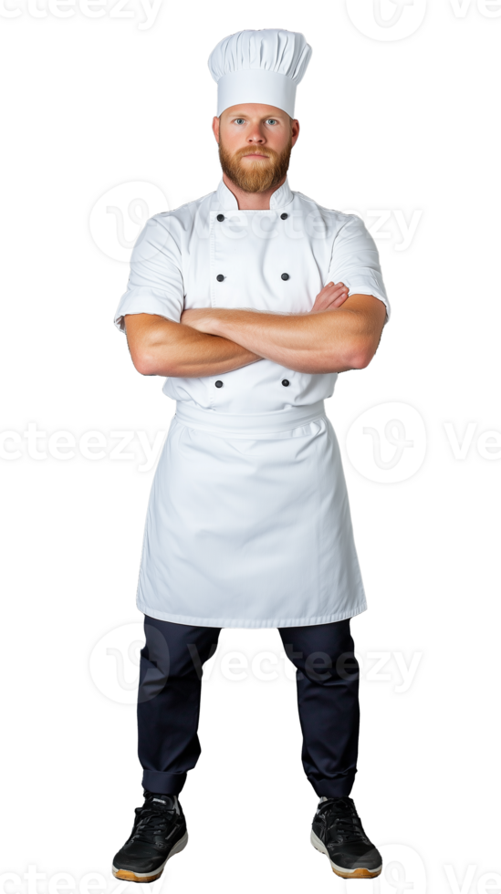 Confident chef in white uniform and black pants with arms crossed on transparent background png
