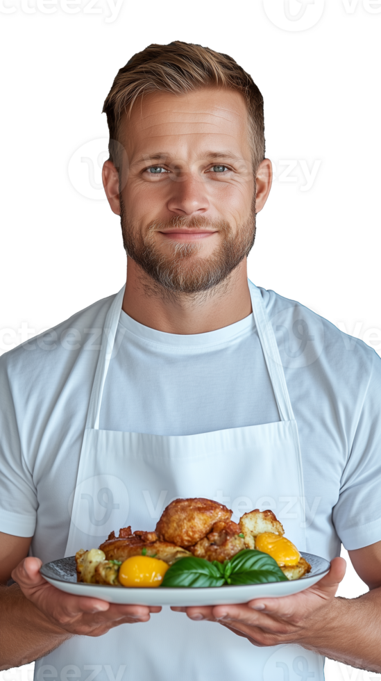 Male chef in apron holding a plate of food with serious expression, transparent background png