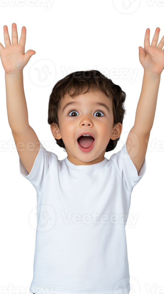 Excited child with hands raised in white shirt on transparent background, joyful expression png