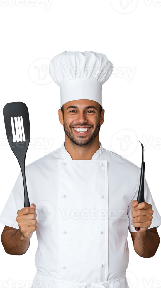 Cheerful chef in white uniform holding a spatula and a fork, transparent background png