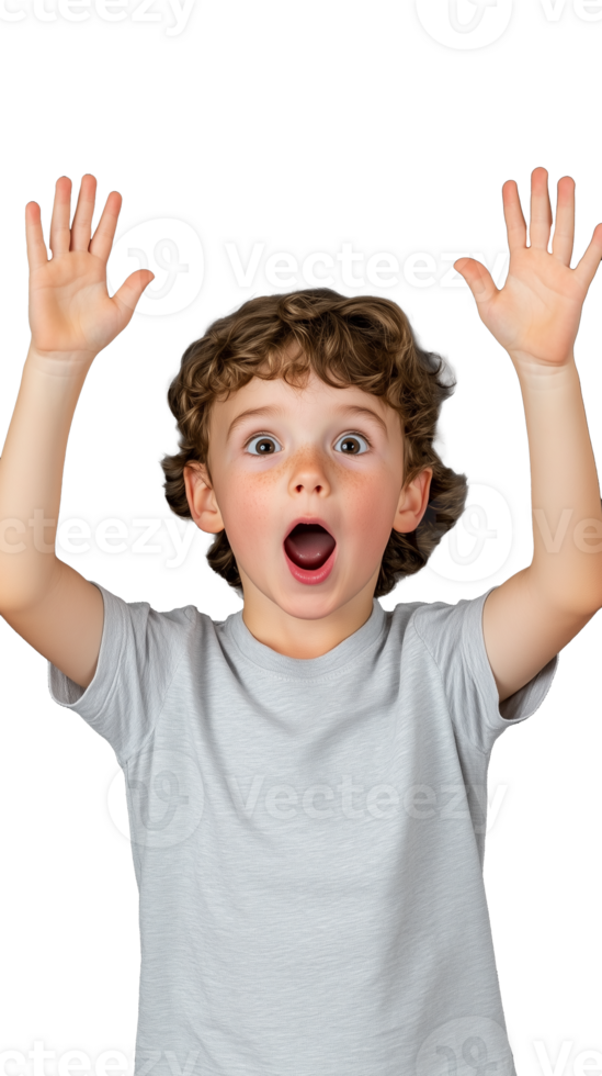Surprised child in grey shirt with hands raised, excited expression on transparent background png