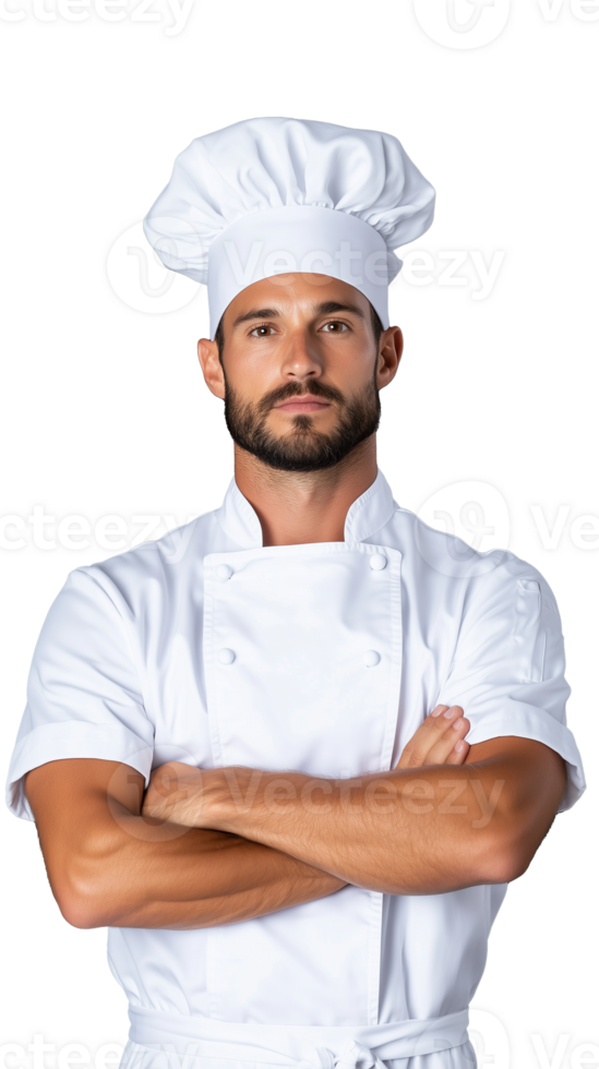 Serious chef in white uniform with arms crossed on transparent background, professional pose png