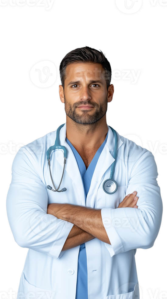 Confident doctor in medical coat with stethoscope on transparent background, professional pose png