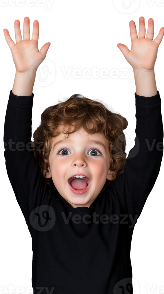Excited child in black shirt with hands raised, joyful expression on transparent background png