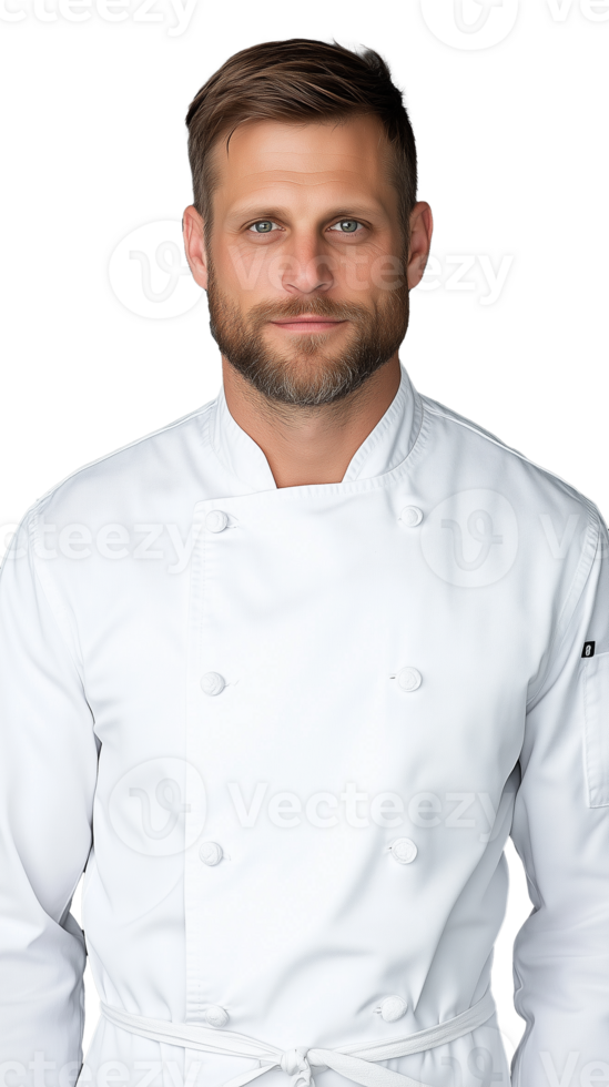 Serious chef in white uniform with arms crossed on transparent background, professional pose png