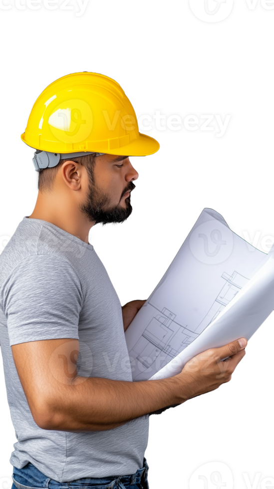 Construction engineer with yellow helmet holding blueprints, planning on transparent background png