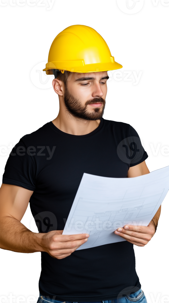 Construction worker in black shirt holding blueprints and wearing a yellow helmet, transparent background png