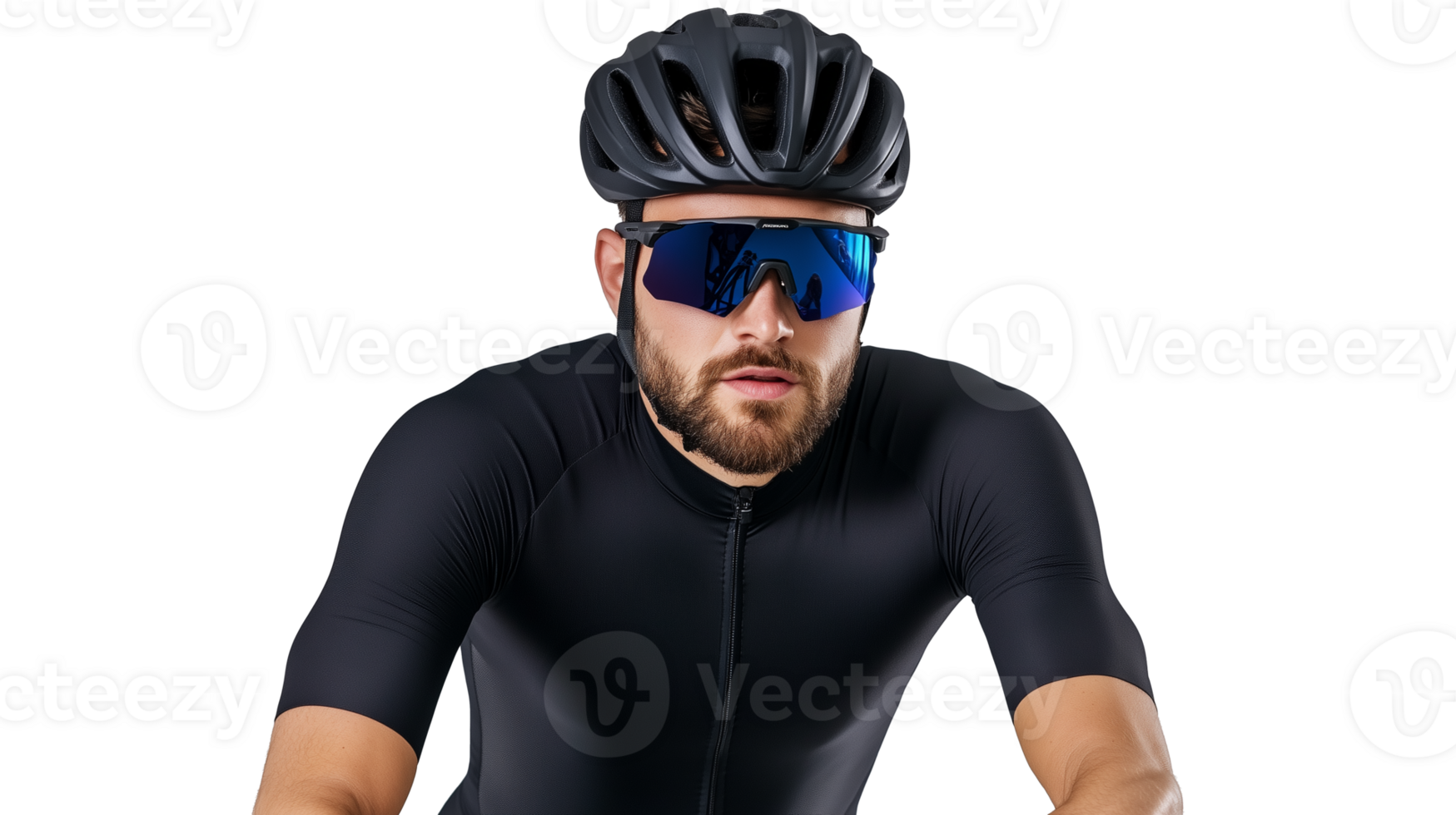 Cyclist in black jersey with sunglasses and helmet on transparent background, professional pose png