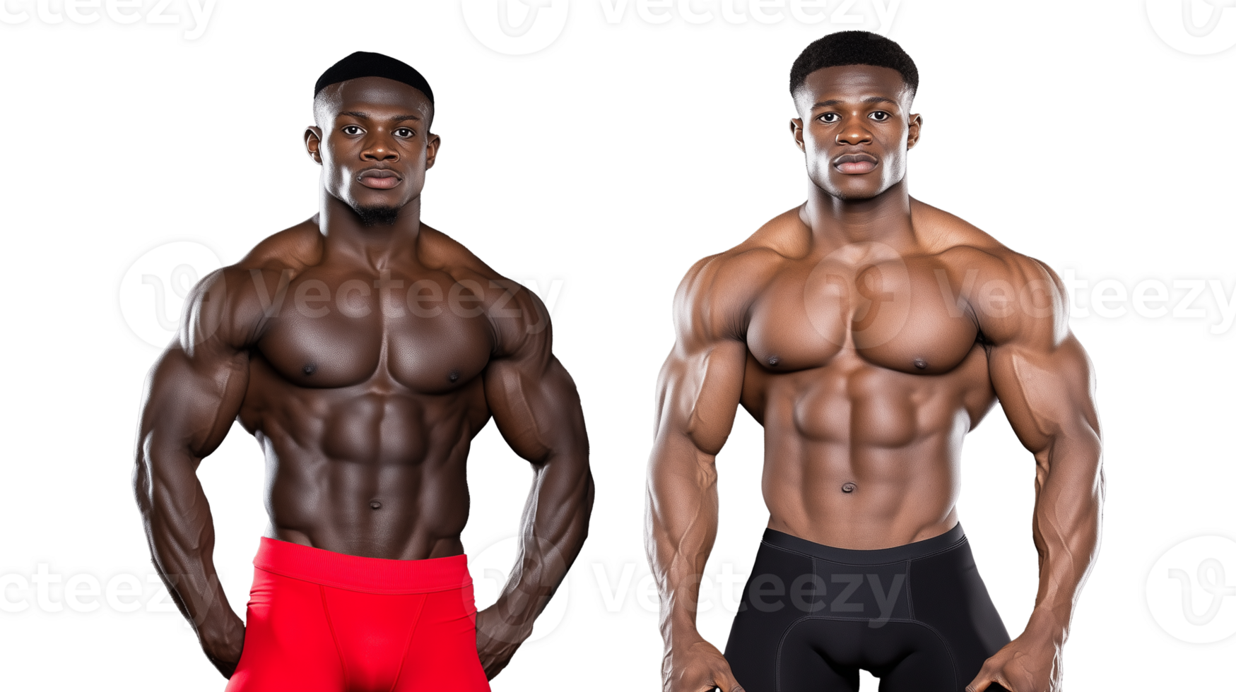 Muscular men posing shirtless in red shorts on transparent background, strong and confident stance png