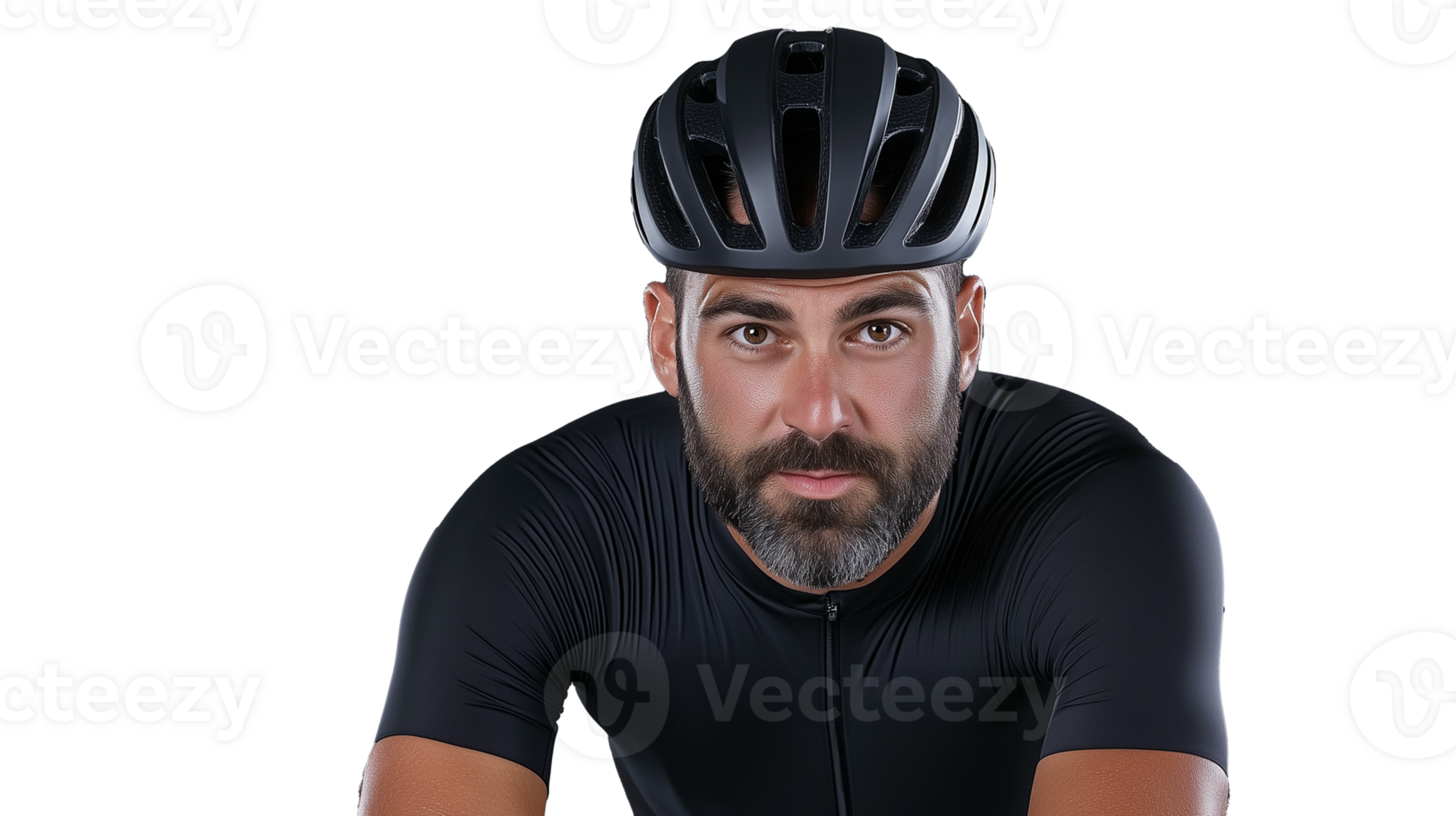 Cyclist in black jersey with helmet and determined expression on transparent background png