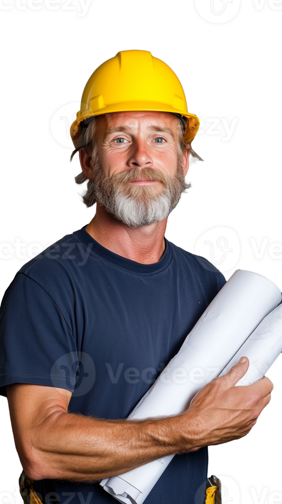Mature construction worker holding blueprints, wearing yellow helmet, transparent background png
