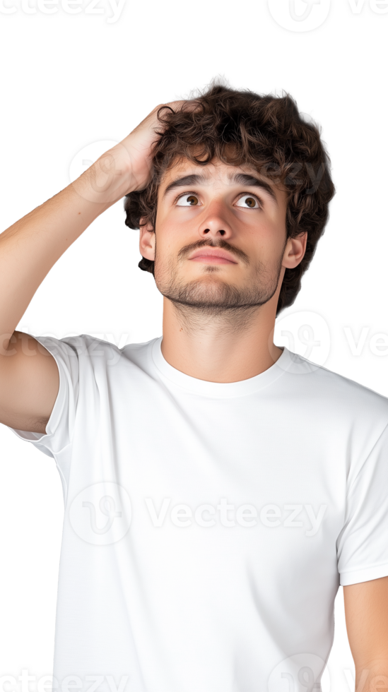 Man in white shirt scratching his head with confused expression on transparent background png