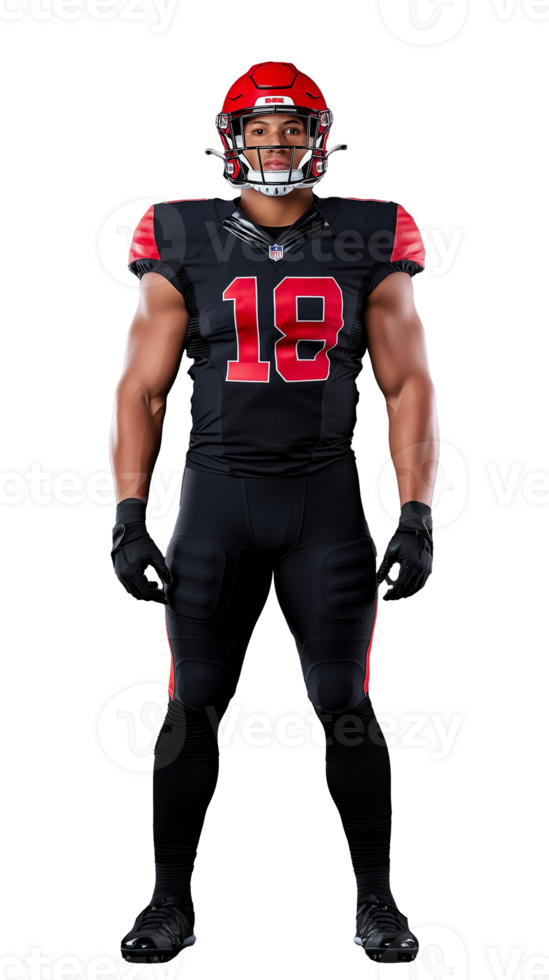 American football player in black and red uniform posing confidently on transparent background png