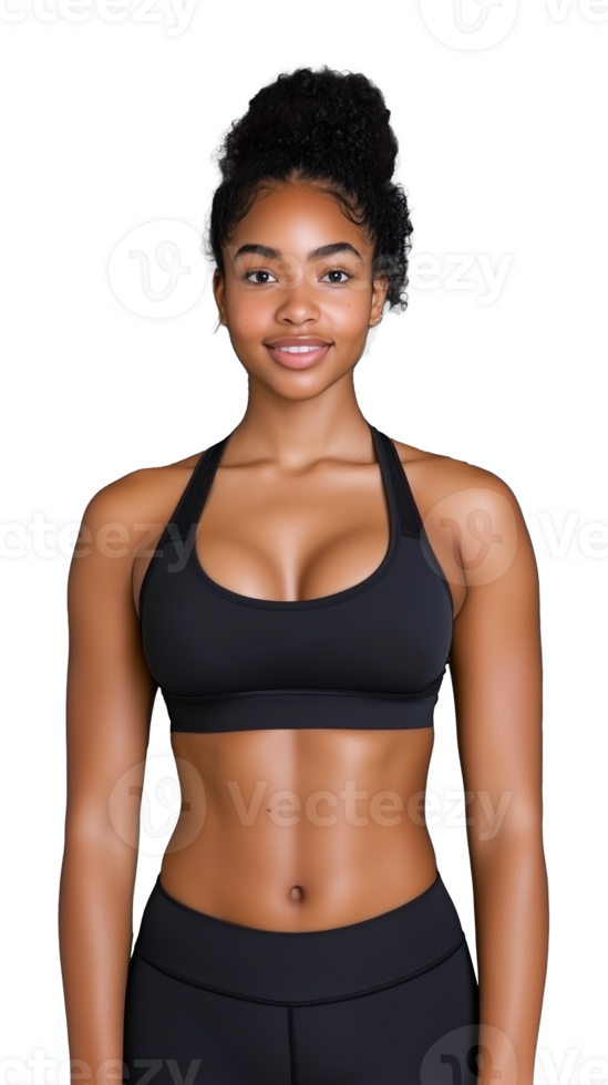 Athletic woman in black sports bra with hair bun posing confidently on transparent background png