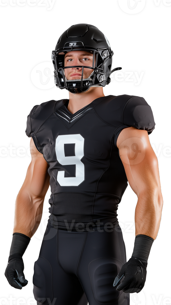 Male football player in black uniform and helmet posing confidently on transparent background png