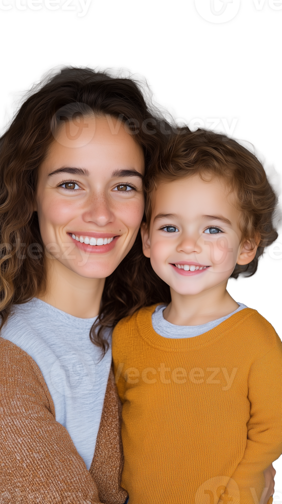 Smiling mother and child posing together on transparent background, joyful expression png