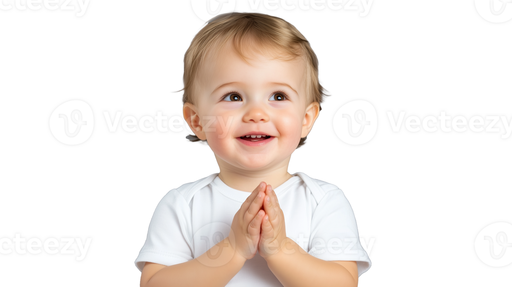 Smiling baby in white shirt clapping hands on transparent background, joyful expression png