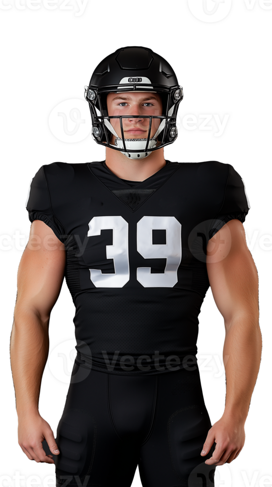 Football player in black uniform and helmet posing confidently on transparent background png