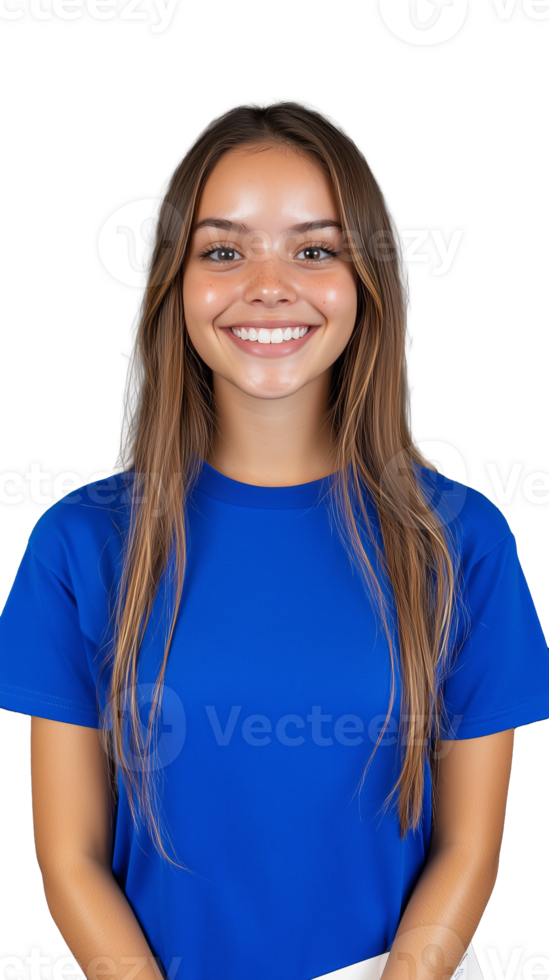 Smiling young woman in blue shirt on transparent background, cheerful and confident expression png